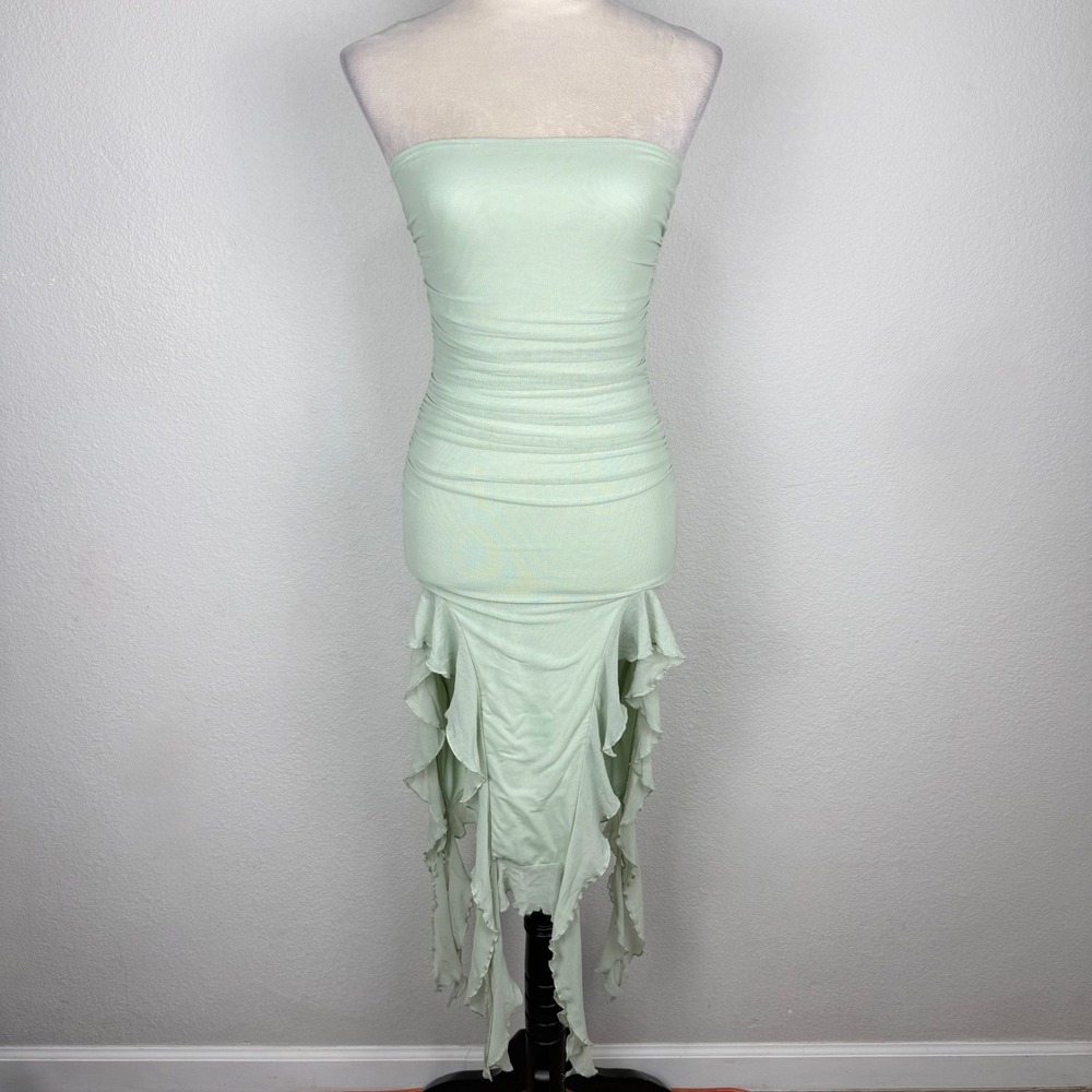 Sage Green Asymmetrical Hem Ruched Mesh Strapless Ruffle Handkerchief Cute Dress